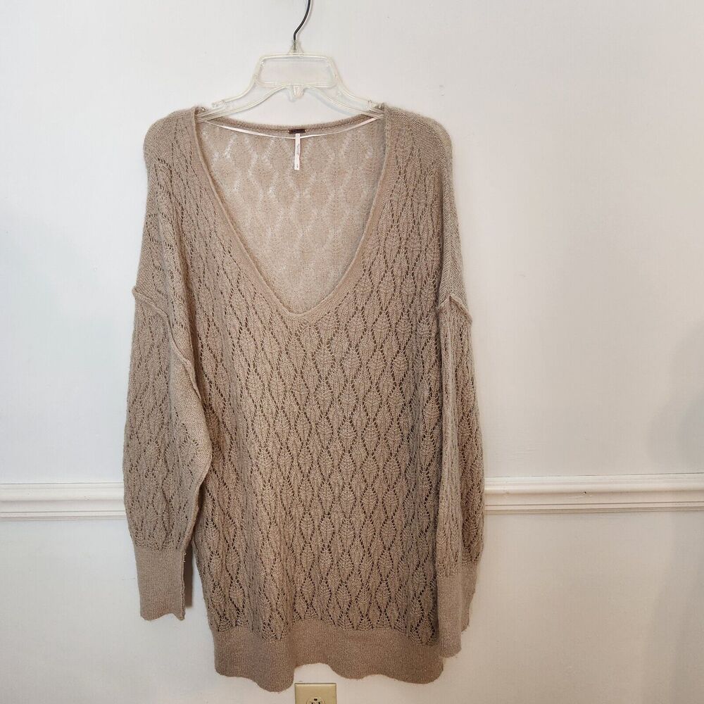 Free People Tunic Sweater Size Large Womens Say Hello Open Knit Oversized Beige